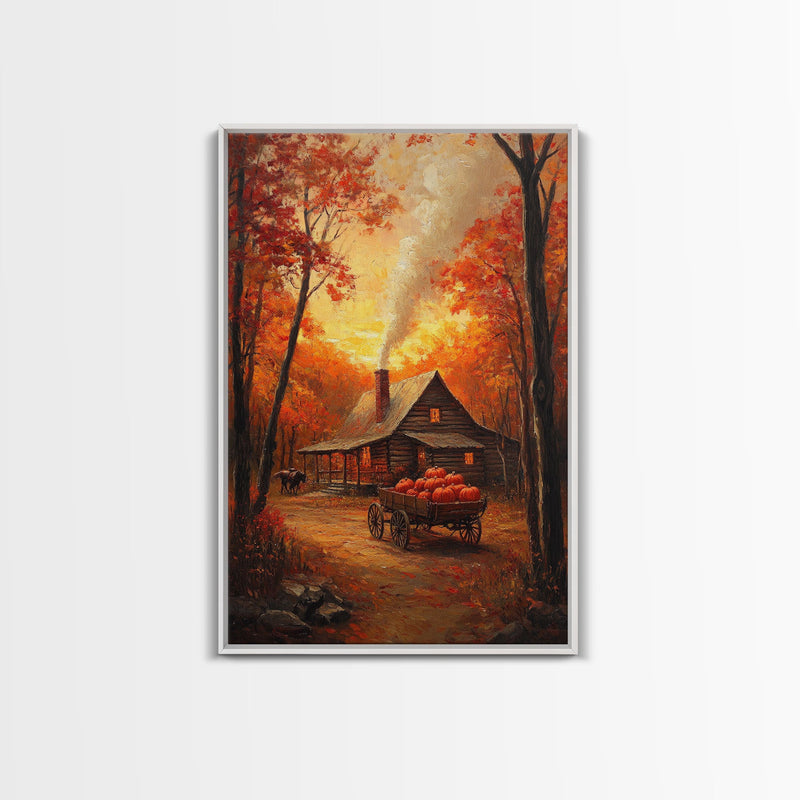 Autumn Cabin with Pumpkins Framed Canvas Print, Warm Fall Countryside Scene with Golden Leaves, Cozy Rustic Farmhouse Wall Art Decor