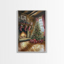 Cozy farmhouse Christmas interior Framed Canvas Print with tree stockings and fireplace, warm holiday art rustic Christmas decor mantle