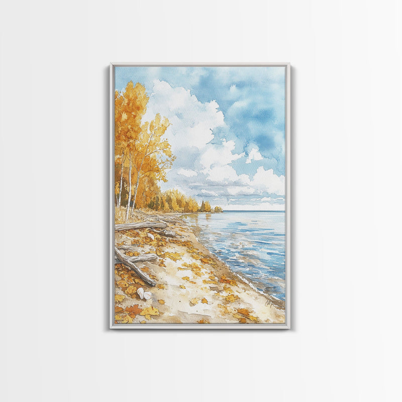 Autumn beach scene with golden trees and calm shoreline Framed Canvas Print, fall landscape art perfect autumn wall decor for rustic homes