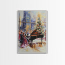 Elegant Christmas party with grand piano and city skyline view Framed Canvas Print, classy holiday wall art perfect seasonal decor idea