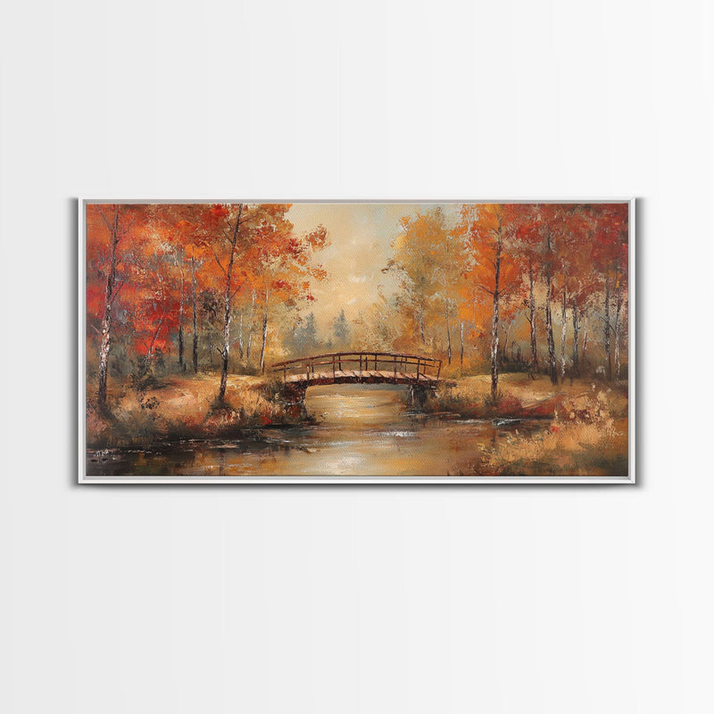 Autumn Bridge Over Quiet River Tall Art Framed Canvas Print Serene Fall Landscape With Colorful Foliage And Peaceful Reflections