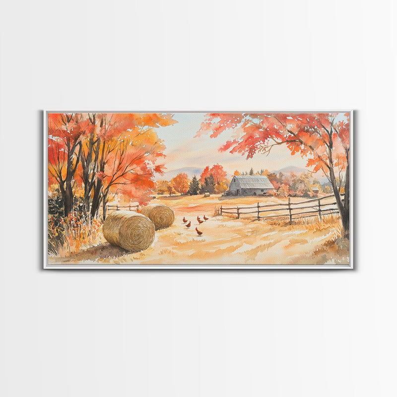 Autumn farmhouse decor Canvas Print fall landscape with barn and chickens harvest season gift idea rustic fall wall art holiday home decor