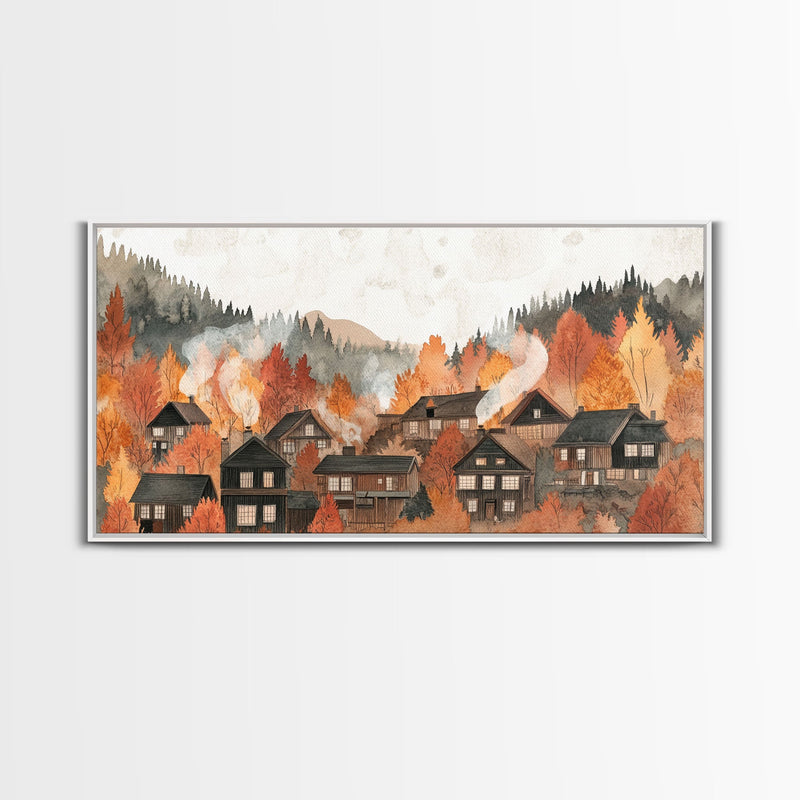 Autumn village decor Framed Canvas Print rustic village with fall trees cozy seasonal wall art gift idea moody landscape autumn home decor