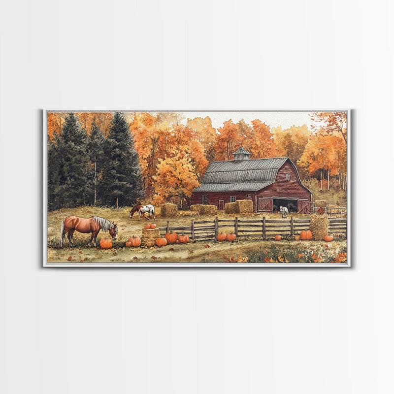 Autumn Barn Pumpkin Horses Canvas Print Farmhouse Fall Decor Seasonal Wall Art Framed Canvas Print Rustic Fall Farmhouse Wall Art