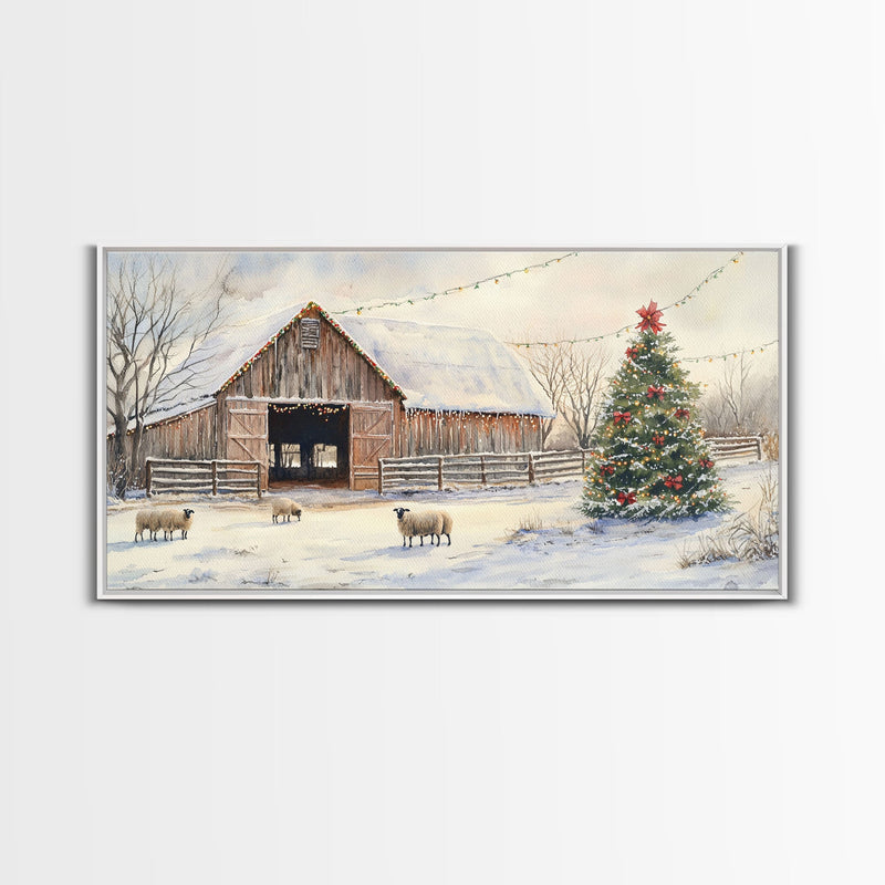 Christmas Barn Snow Sheep Canvas Print Christmas Farmhouse Decor Rustic Christmas Wall Art Framed Canvas Print Christmas Outdoor Decor