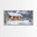 Snowy cabin Christmas decor, winter wonderland wall art, rustic farmhouse Christmas print, cozy country home decor, framed canvas print