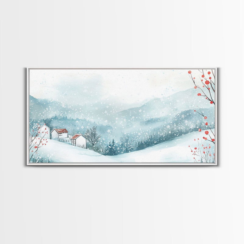 Winter mountain village art, snow-covered landscape, holiday wall art, winter wall decor, cozy winter home decor, framed canvas print