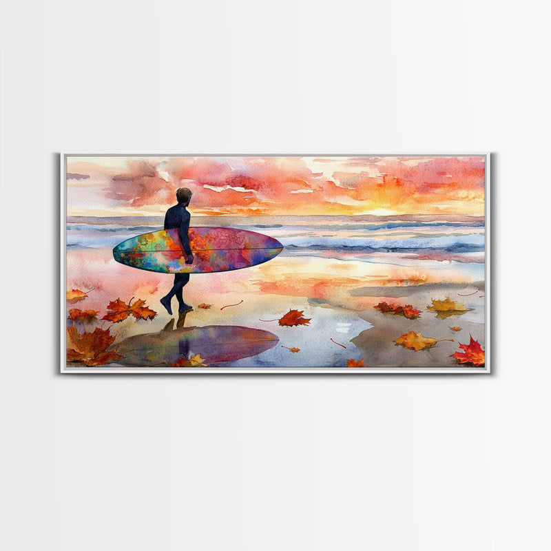 Autumn Surfing Sunset Canvas Print | Fall Surf Art Gift | Seasonal Wall Art Decor | Gift Idea | Beach Decor Fall Theme | Framed Canvas Print