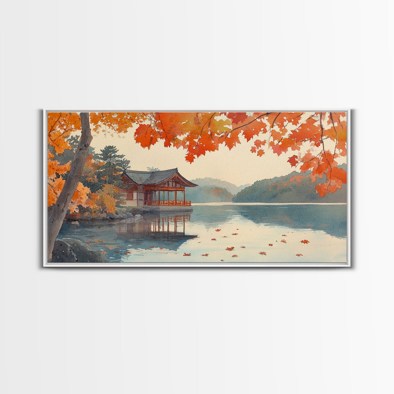 Autumn Japanese Lake House Canvas Print | Fall Wall Art Home Decor | Seasonal Fall Art | Gift Idea | 2024 Autumn Home Wall Art