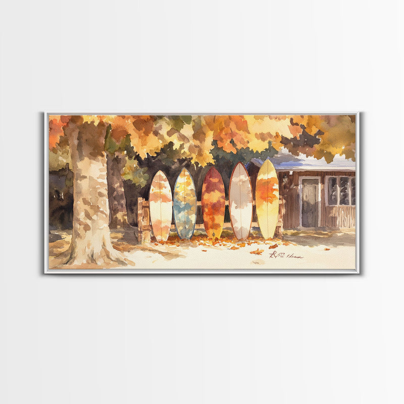 Autumn surfboards art, canvas print featuring surfboards with fall leaves, cozy fall home decor, rustic wall art, autumn vacation gift idea