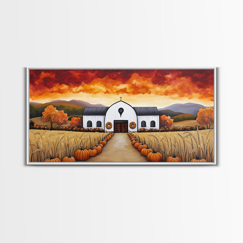 Autumn pumpkin farm with barn, canvas print, fall farmhouse decor, rustic autumn home decor, cozy fall harvest wall art for seasonal display