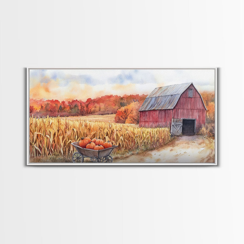 Autumn Barn with Pumpkins in Wheelbarrow, Farmhouse Fall Decor, Framed Canvas Print, Seasonal Wall Art, Country Home Decor, Gift Idea