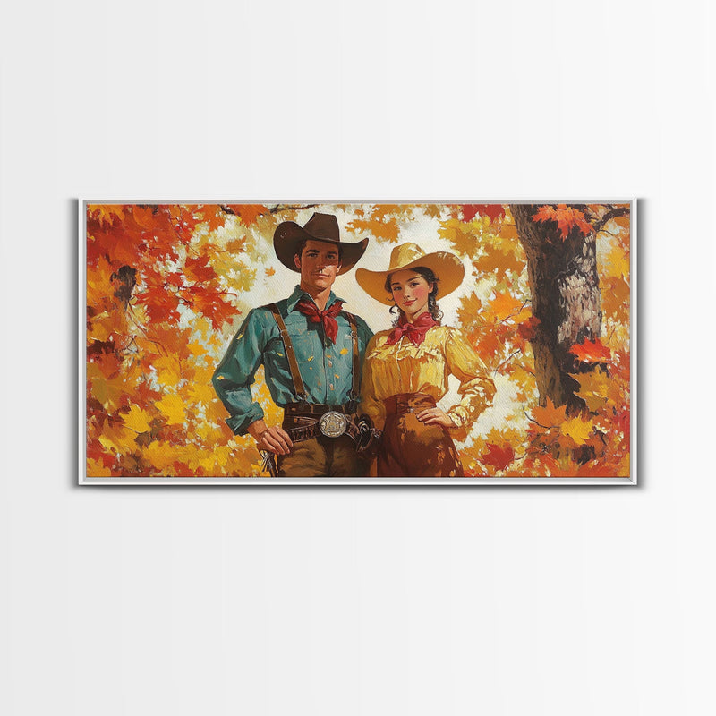 Autumn Cowboy In Forest Framed Canvas Print Western Cowboy Wall Art Fall Cowboy Gift Rustic Wall Decor Moody Landscape Above Sofa