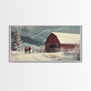 Winter On The Farm, Barn Painting, Framed Canvas Print, Primitive Farmhouse Decor, Christmas Decor, Winter Wonderland Rustic Winter Wall Art