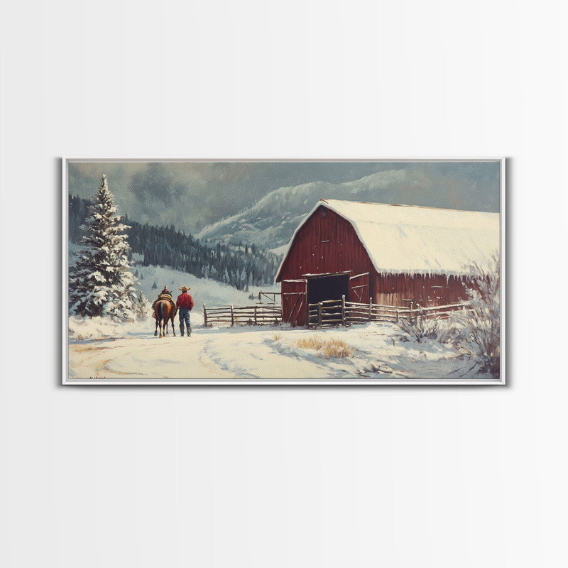 Winter On The Farm, Barn Painting, Framed Canvas Print, Primitive Farmhouse Decor, Christmas Decor, Winter Wonderland Rustic Winter Wall Art