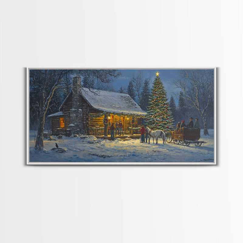 Winter Christmas Framed Canvas Print Cabin Christmas Tree Scene Wall Art Large Christmas Decor Perfect Rustic Holiday Wall Art