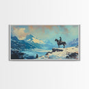 Smiling cowgirl in snow with autumn trees, Framed Canvas Print, rustic wall art winter autumn, tall art piece farmhouse country decor