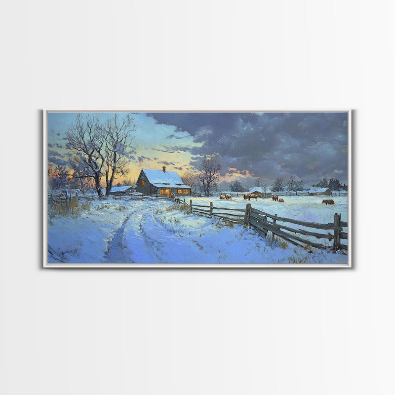 Beautiful Winter Snowy Farm Framed Canvas Print Rustic Christmas Decor, Christmas Wall Art and Holiday Art Prints, Gift Home Decor