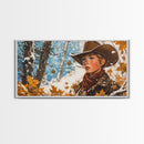 Western-inspired Framed Canvas Print of a woman on horseback in a snowy mountain landscape, holiday wall art and winter wonderland vibes