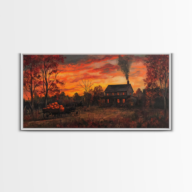 Autumn Sunset With Pumpkins And Horse Wagon, Cozy Fall Landscape Wall Art, Rustic Country Framed Canvas Print, Warm Autumn Home Decor