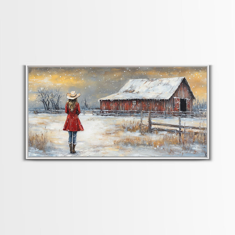 Barn Painting Framed Canvas Print, Cowgirl and her Barn, Rustic Farmhouse Decor, Winter Painting, Winter Wonderland, Farmhouse Wall Art