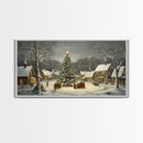 Large Christmas Tree In Snowy Village With Families, Winter Wonderland Holiday Wall Art, Framed Canvas Print, Rustic Christmas Decor