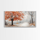 Misty Forest Path with Orange Leaves Framed Canvas Print, Ideal Autumn Decor or Fall Wall Art for Cozy Home Interiors