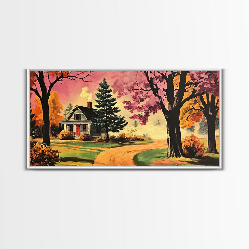 Autumn Landscape Framed Canvas Print, Cozy Country Farmhouse Pathway Art, Fall Home Decor, Modern Farmhouse Seasonal Wall Art Gift Idea