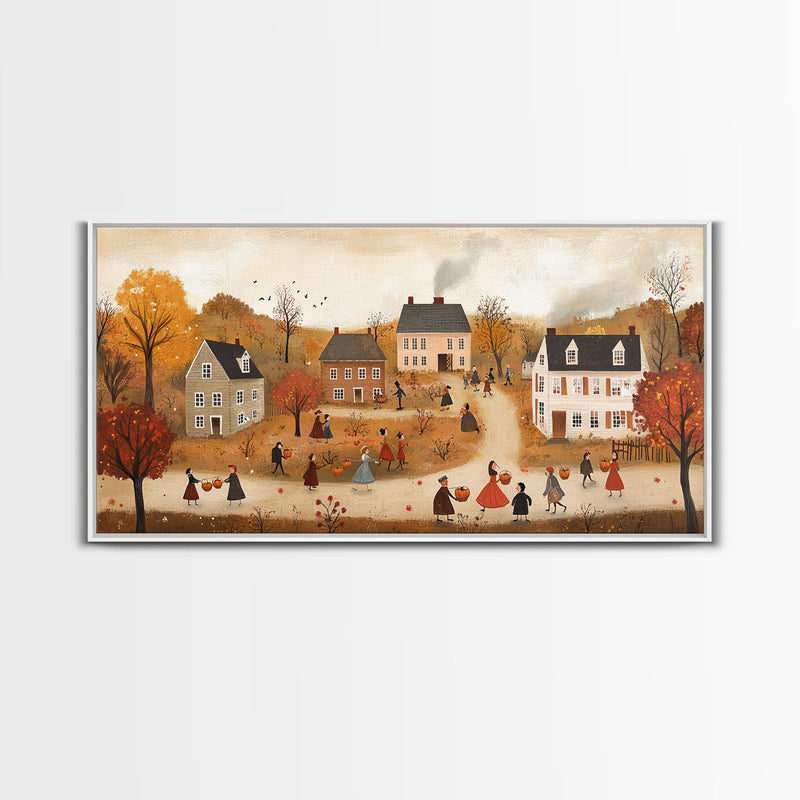 Autumn Harvest Village Scene Framed Canvas Print - Cozy Fall Decor and Seasonal Wall Art with Country Charm and Autumn Ambiance