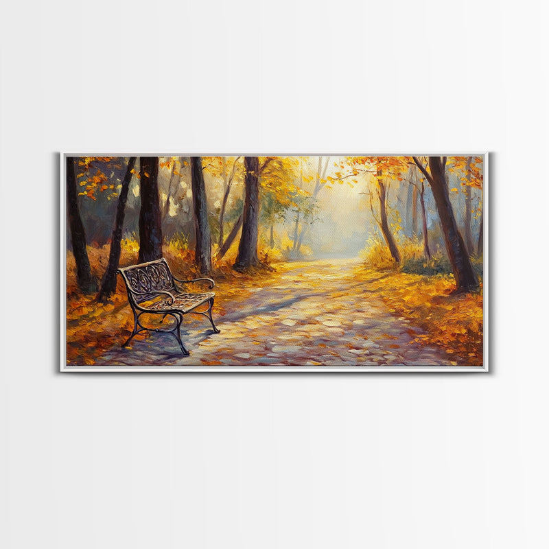 Autumn Path Bench Framed Canvas Print, Serene Fall Landscape Wall Art, Cozy Farmhouse Decor, Seasonal Wall Art Gift Idea