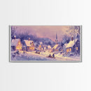 Serene Christmas Village Framed Canvas Print, Snowy Winter Landscape with Families Sledding in a Cozy Neighborhood Holiday Art