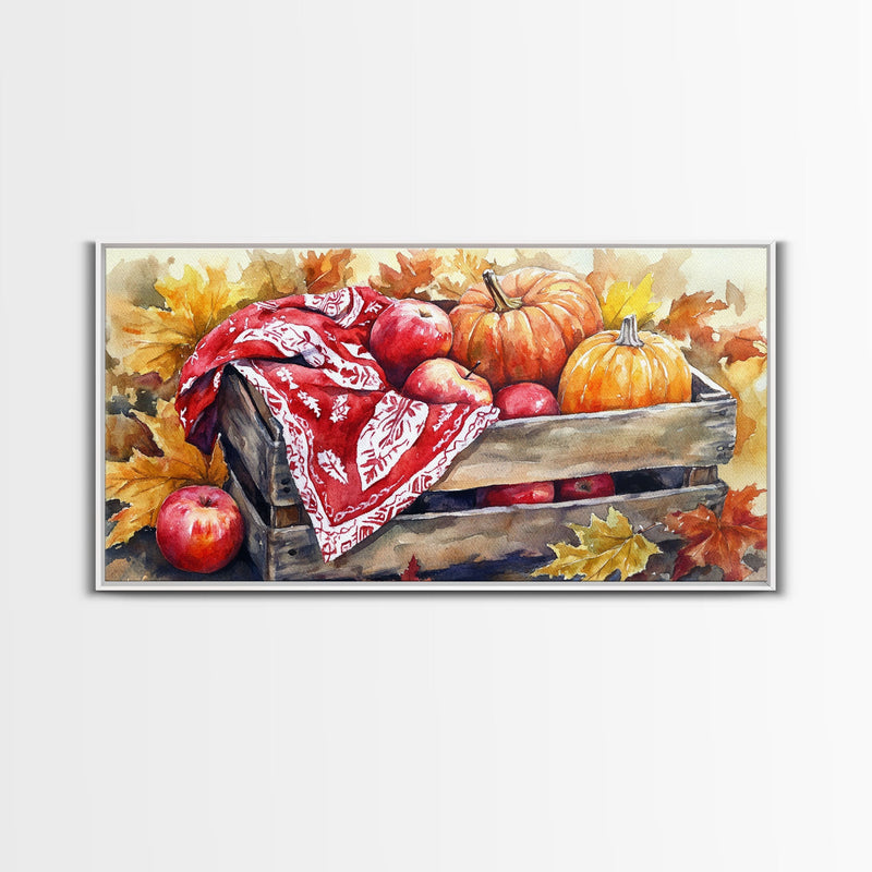 Basket With Pumpkins And Apples Framed Canvas Print Tall Art Rustic Fall Decor Thanksgiving Autumn Harvest Home Wall Art Farmhouse Gift Idea