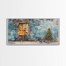 Rustic urban Christmas wall art with a glowing window and decorated tree, framed canvas print perfect seasonal decor, winter holiday display