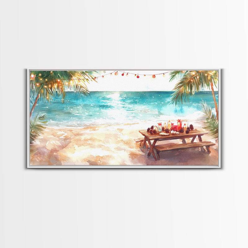 Beach Christmas decor picnic setup with palm trees and lights, framed canvas print showcasing tropical coastal holiday art decor