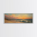 Ocean Waves Crash Into a Hidden Beach at Sunset, Framed Canvas Print, Panoramic Boho Seascape Painting