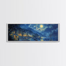 Italian Fishing Village at Midnight Under a Full Moon, Framed Canvas Print, Panoramic Wall Art, Eclectic Boho Home Decor, Wide Oversized Wall Art