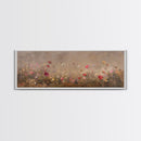 Wild Flowers On a Grey Background, Framed Canvas Print, Panoramic Oil Painting Print, Boho Farmhouse Decor, Modern Rustic Primitive Decor