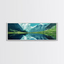 Reflections On The Lake - Framed Canvas Print - Panoramic Original Landscape Painting - Lake Painting - Mountain Painting - Minimalist Muted Art
