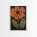 Mid Century Modern Floral Print, Orange Flower on Black Background, Framed Canvas Print