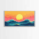 Synthwave Sunset Over Ocean Waves, Framed Canvas Print, Retro 80s Inspired Home Decor Wall Art