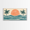 Japanese Wood Block Print Style Sunset and Palm Trees, Framed Canvas Print, Boho Style, Minimalist home Decor