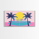 Retro Synthwave Wall Art, Outrun Home Decor Framed Canvas Print, Two Palm Trees and a Sunset