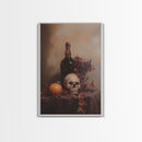 Still Life of a Skull and Wine Framed Canvas Print, Oil Painting Print, Gothic Decor, Dark Academia Macabre Halloween Wall Art, Witchy Decor