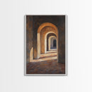 Sunlight Peaks Through the Pillars, Framed Canvas Print, Moroccan Style Wall Art, Moroccan Painting, Paint of Morocco