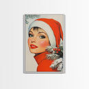 1950s Christmas Portrait Postcard Style Art Canvas Print, Wood Framed Christmas Decor, Christmas Wall Art, Christmas Seasonal Painting