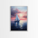 Vaporwave Sail Boat at Sunset, Framed Canvas Print, Retro Sail Boat Painting