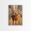 Retro Christmas Town Scene with Shoppers Walking The Streets, Framed Canvas print, Holiday Street Decor, Framed Canvas Winter Wall Art