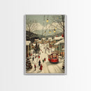 Vintage Christmas Trolley Painting Print, Framed Canvas Art, Christmas Village Wall Art