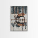 Elk Drinking Water Oil Painting Print, Framed Canvas, Deer Drinking Water In Forest Painting, Nature Decor, Cabin Wall Art, Winter Wall Art