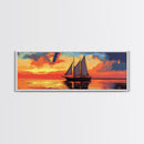 Pirate Ship at Sunset Framed Canvas Print - Panoramic Wall Art - Sailboat Painting - Sail Boat Art - Nautical Decor - Lake House Art